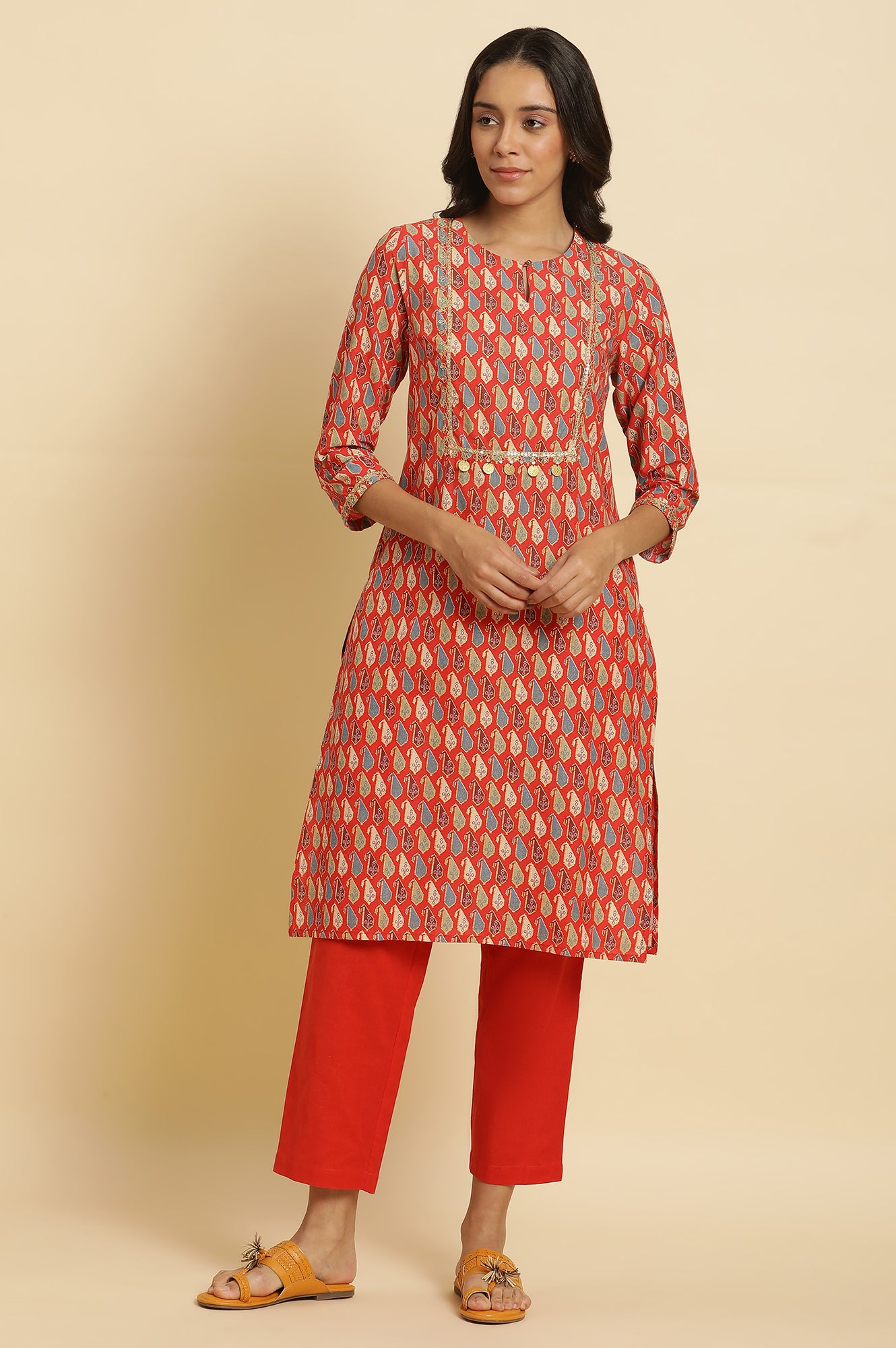 Orange Chunki Dori Embroidered Kurta - wforwoman