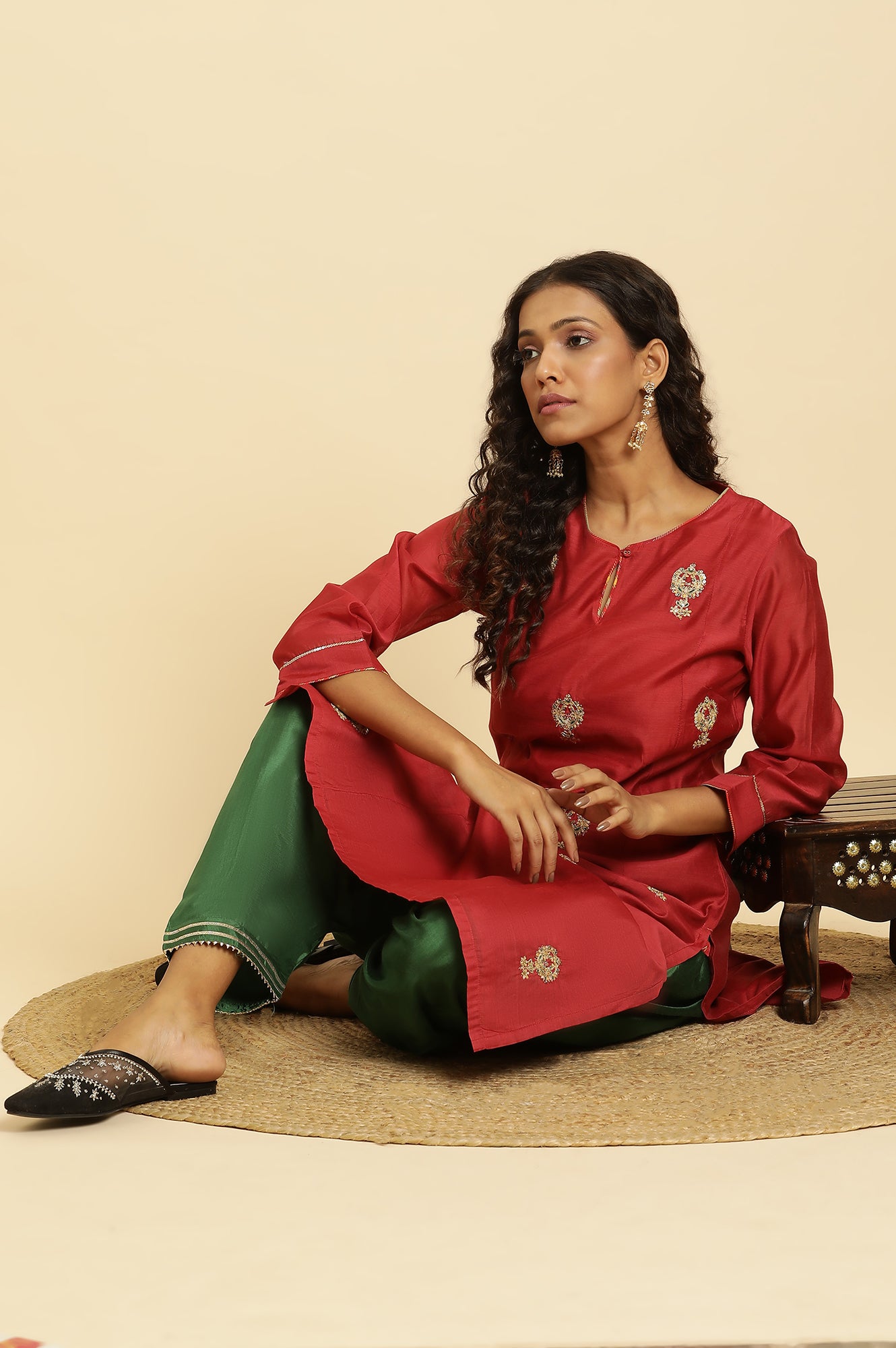 Red Chanderi Straight Kurta with Dori Embroidery - wforwoman