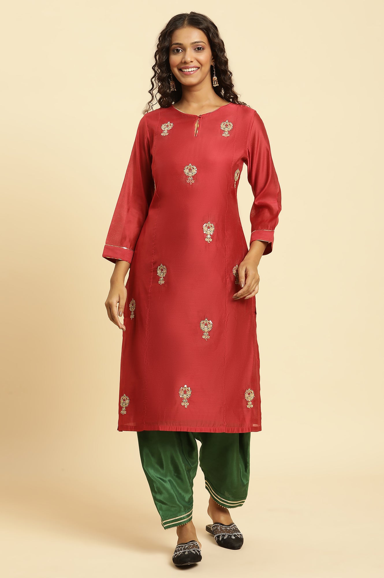 Red Chanderi Straight Kurta with Dori Embroidery - wforwoman