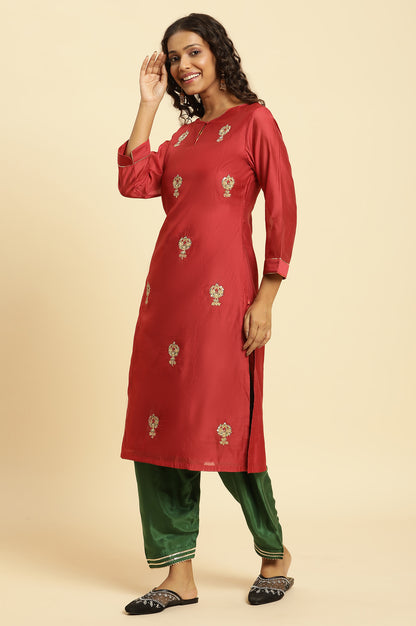 Red Chanderi Straight Kurta with Dori Embroidery - wforwoman