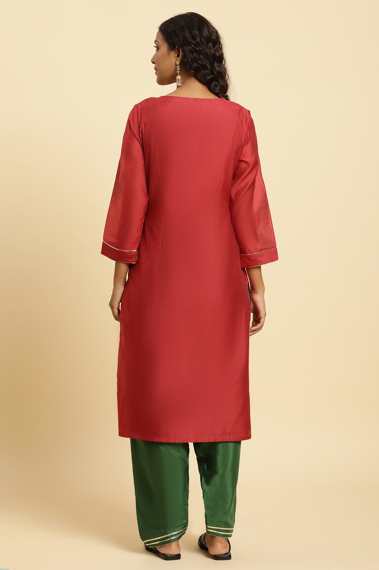 Red Chanderi Straight Kurta with Dori Embroidery - wforwoman