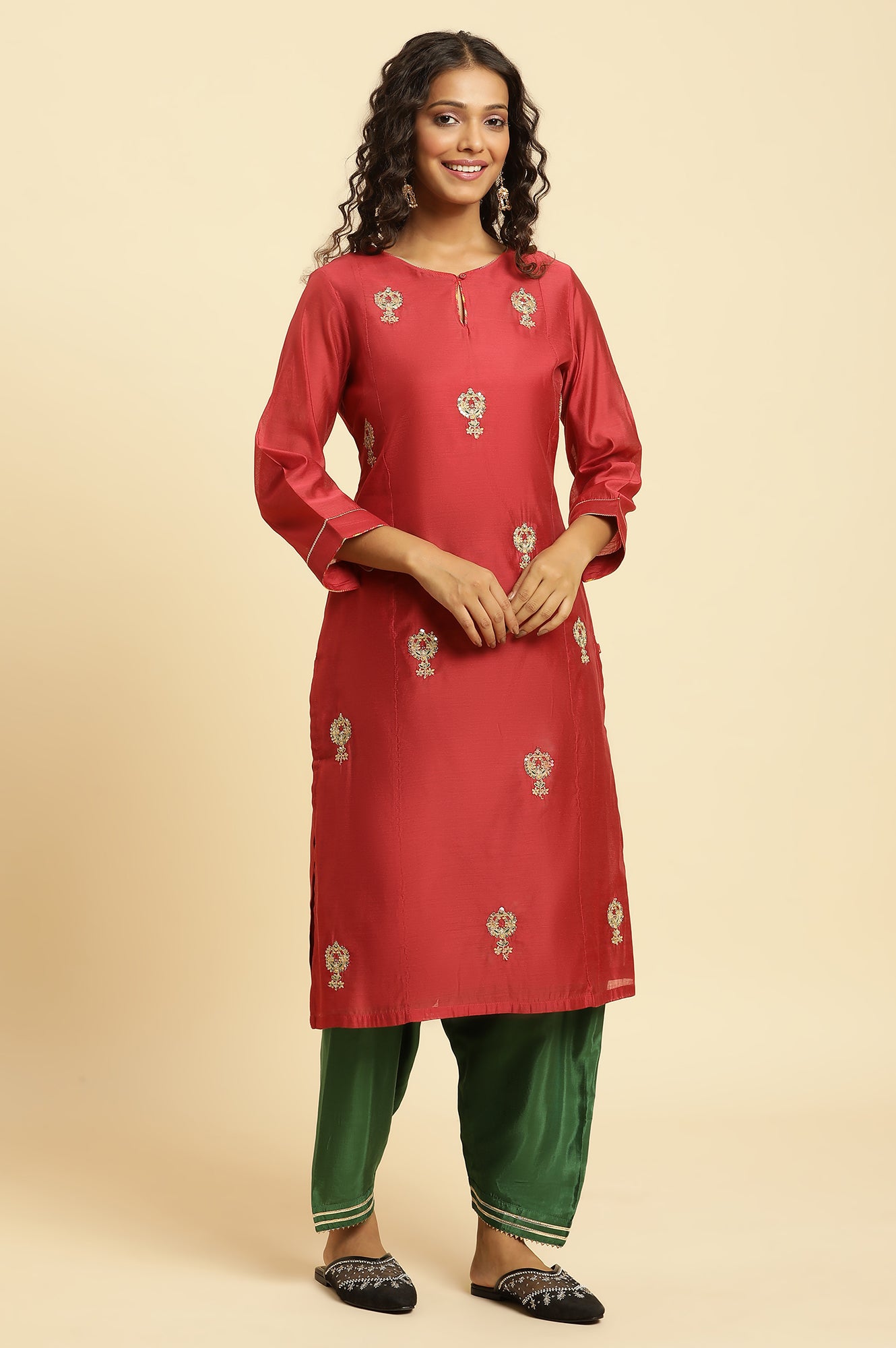 Red Chanderi Straight Kurta with Dori Embroidery - wforwoman