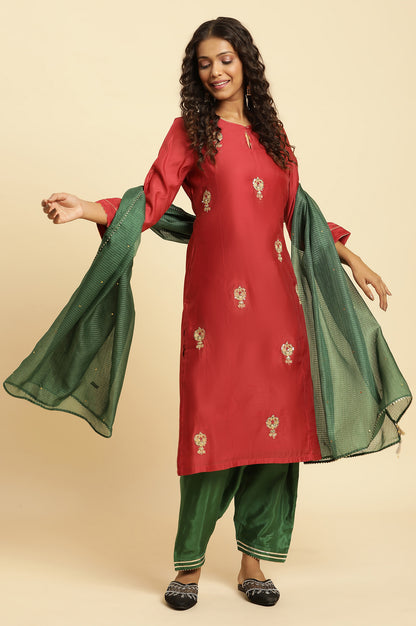 Red Chanderi Straight Kurta with Dori Embroidery - wforwoman