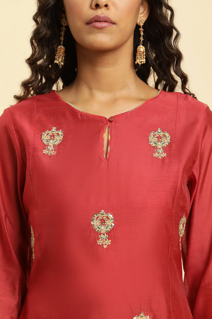 Red Chanderi Straight Kurta with Dori Embroidery - wforwoman