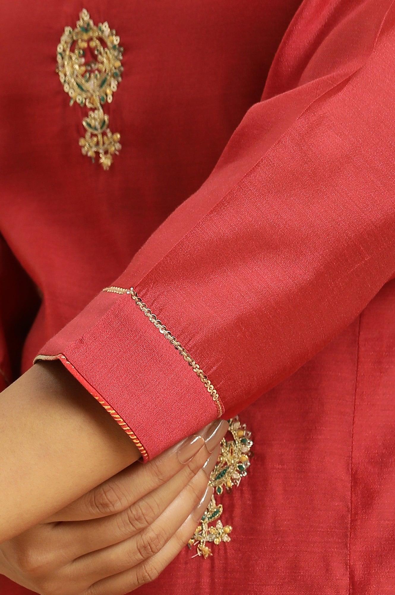 Red Chanderi Straight Kurta With Dori Embroidery - wforwoman