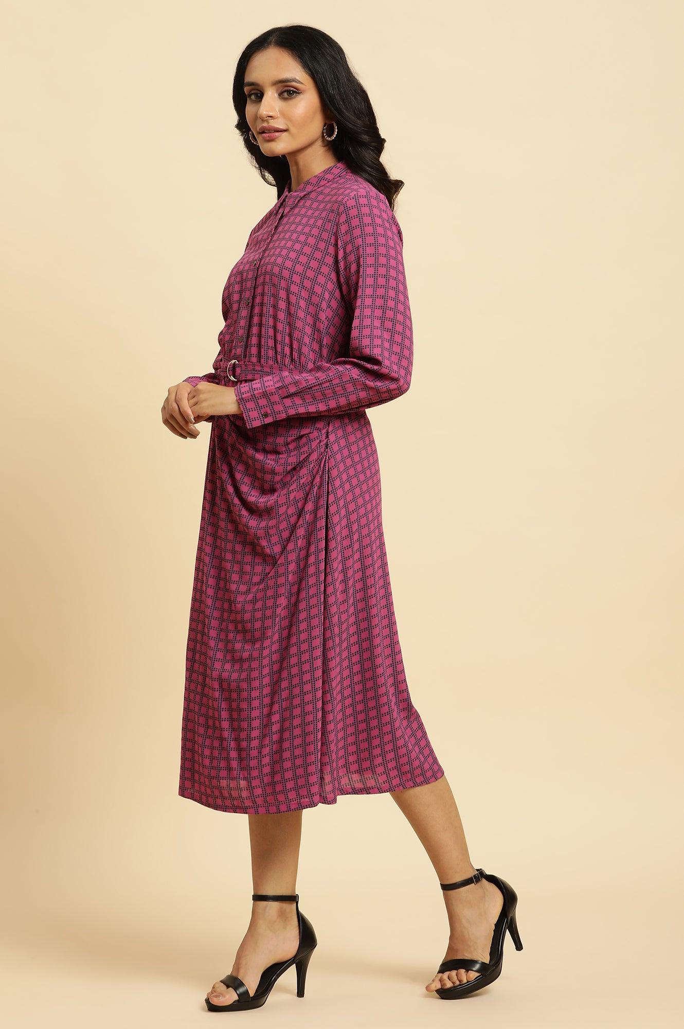Pink Geometric Printed Mock Wrap Dress - wforwoman