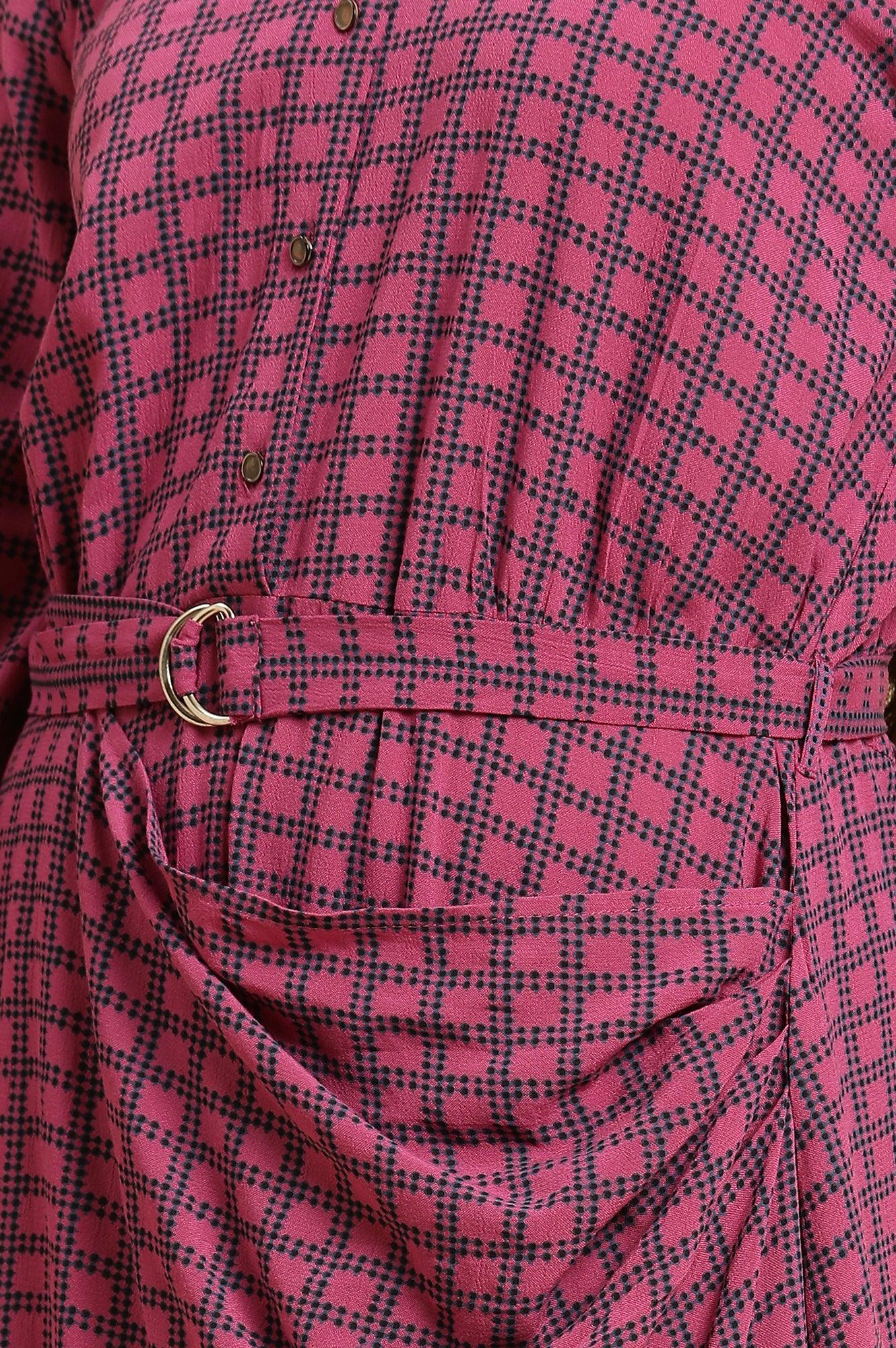 Pink Geometric Printed Mock Wrap Dress - wforwoman