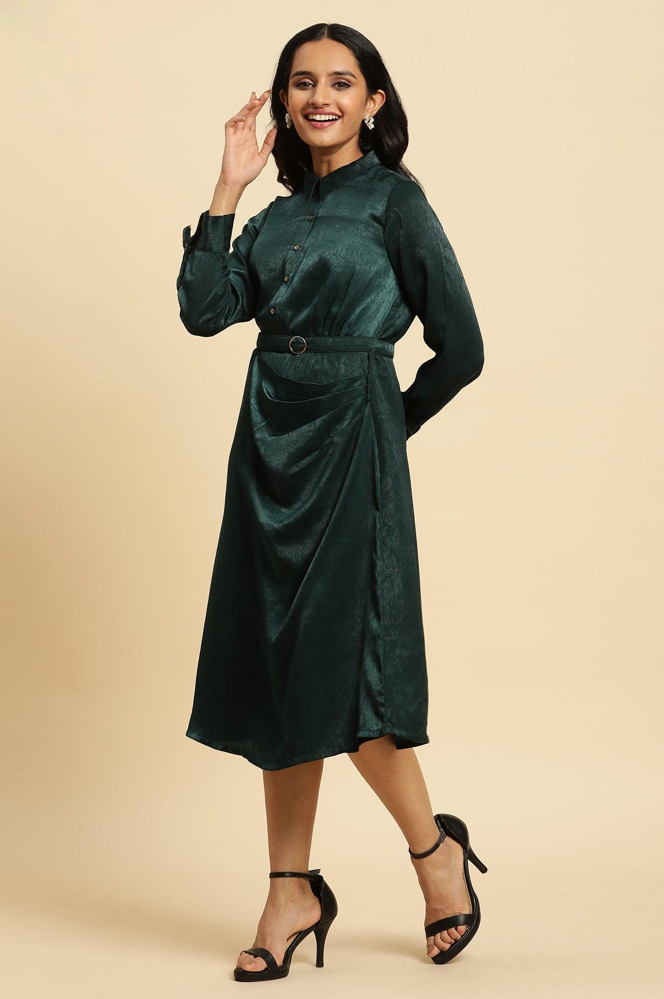 Green Geometric Printed Mock Wrap Dress - wforwoman