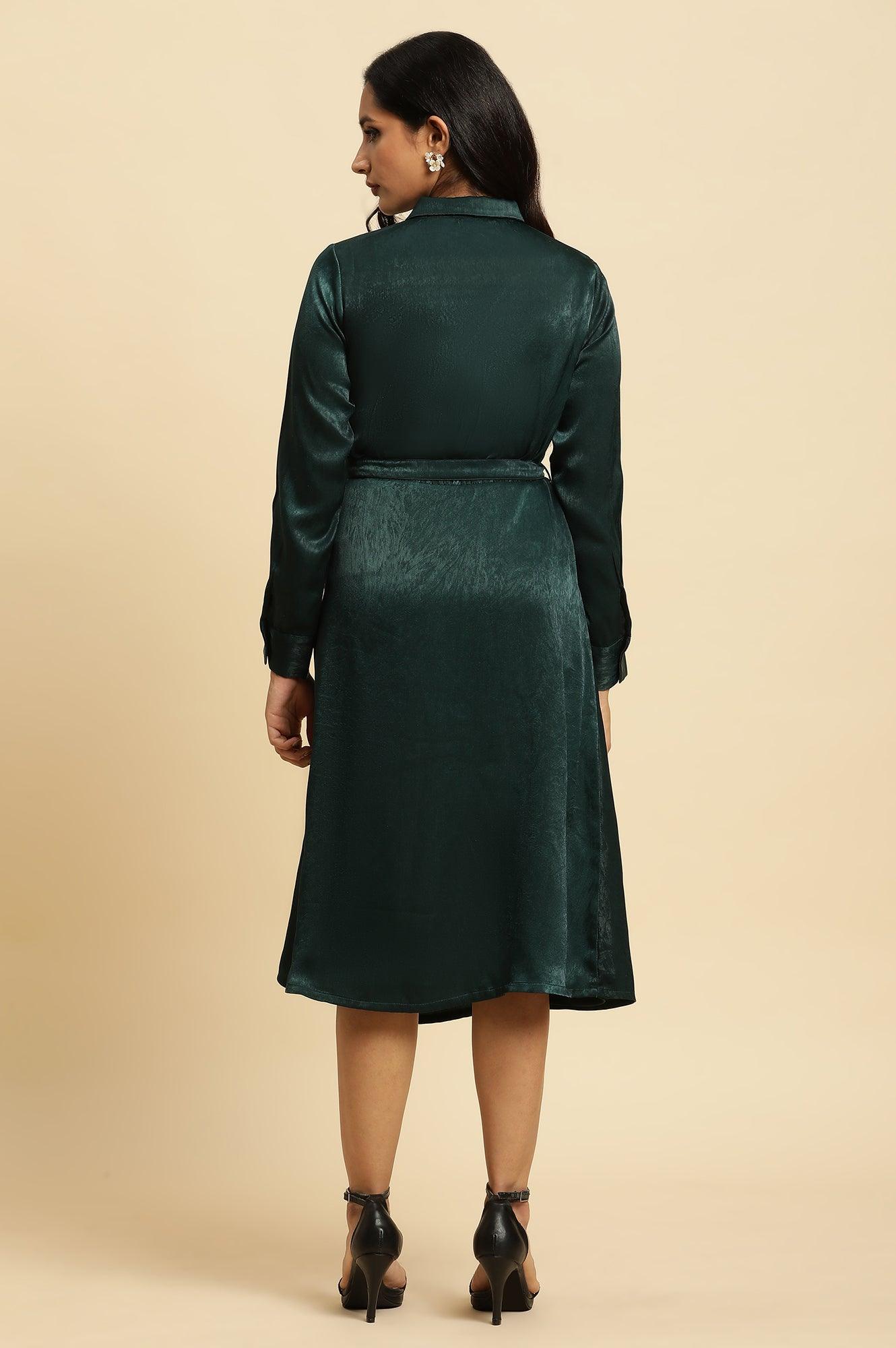 Green Geometric Printed Mock Wrap Dress - wforwoman