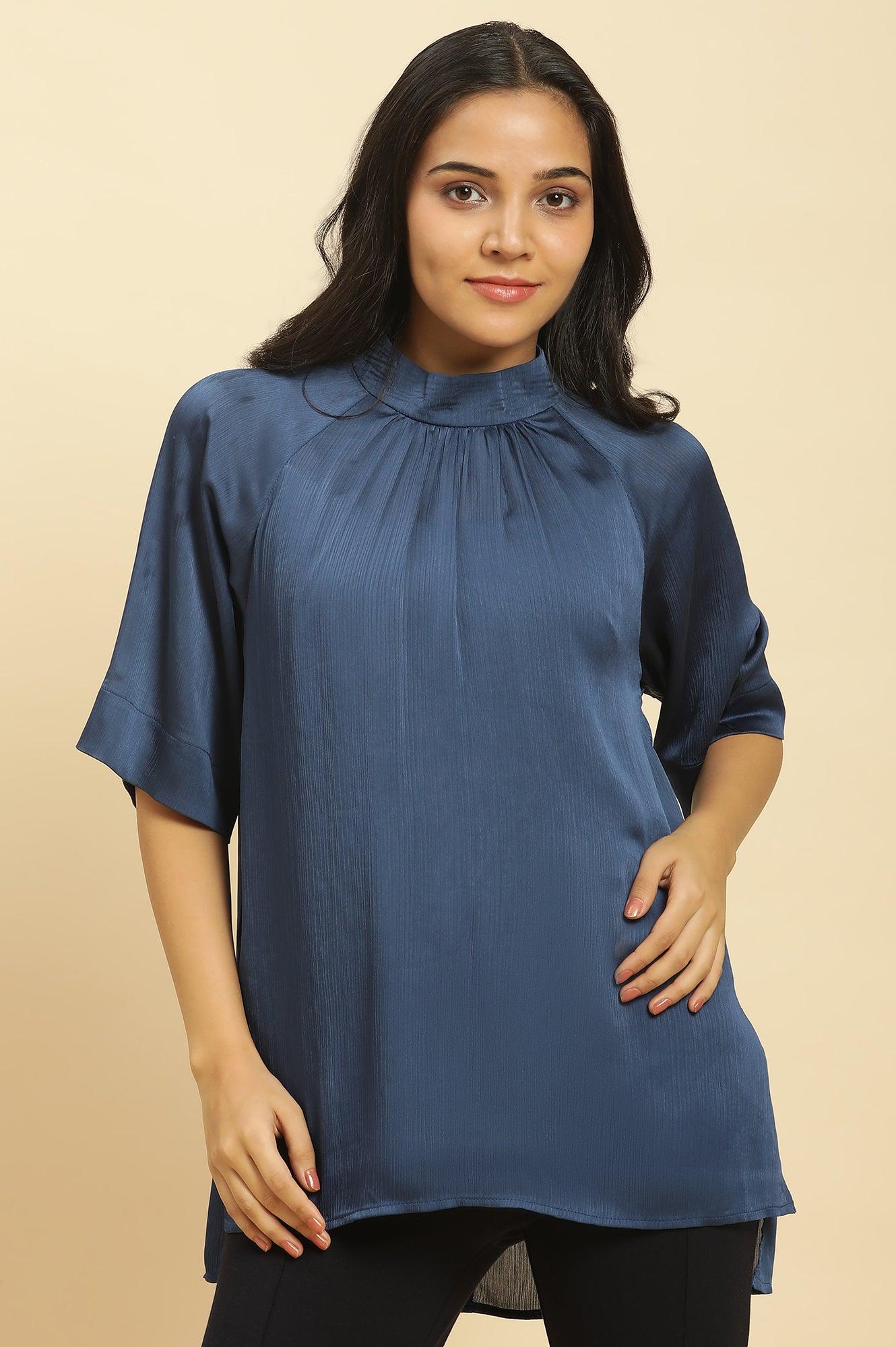 Blue Gathered Western Top - wforwoman