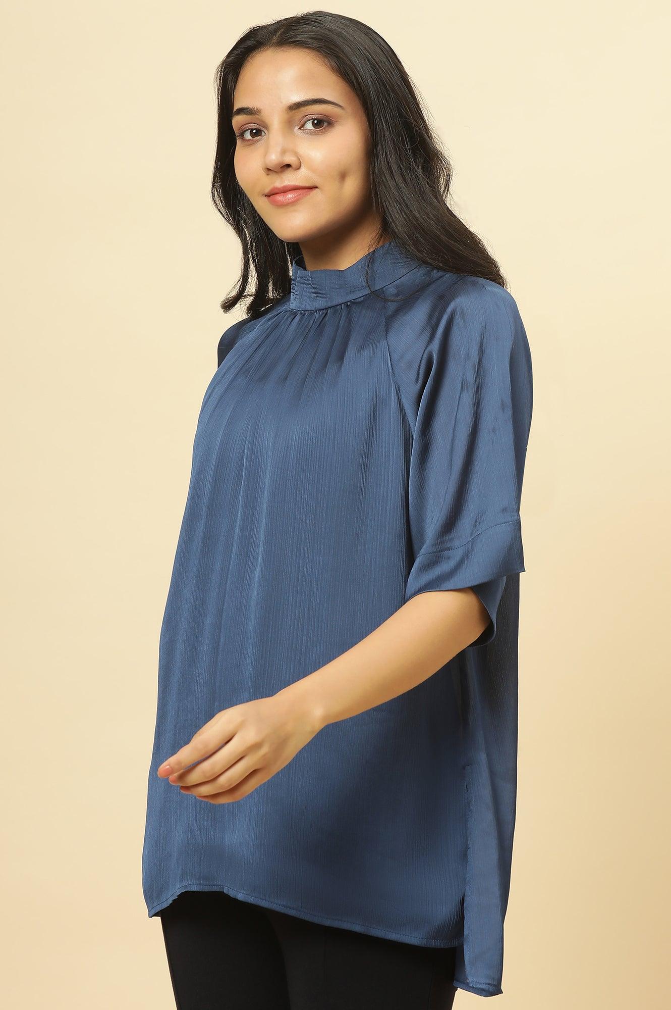 Blue Gathered Western Top - wforwoman