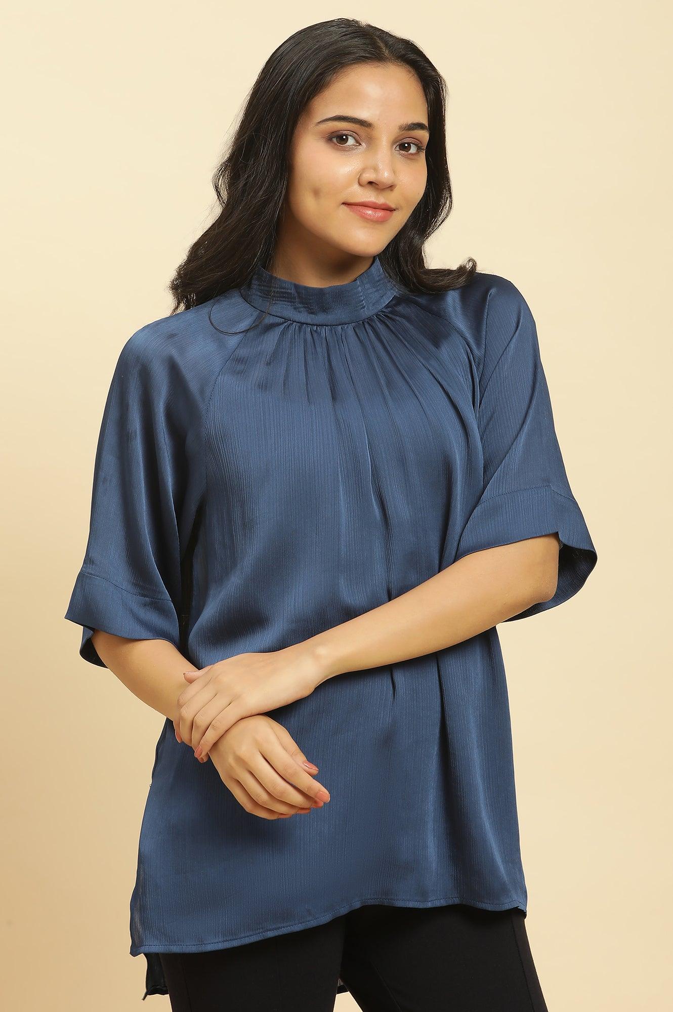 Blue Gathered Western Top - wforwoman