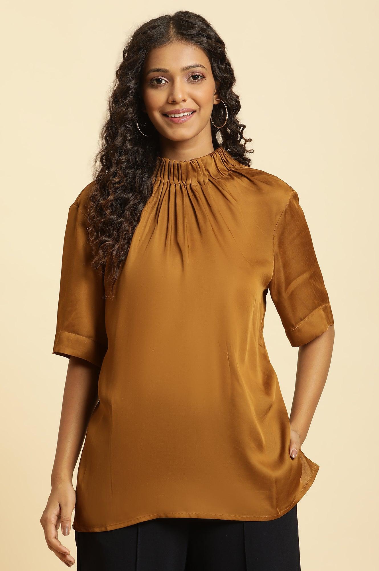 Brown Satin Western Top - wforwoman