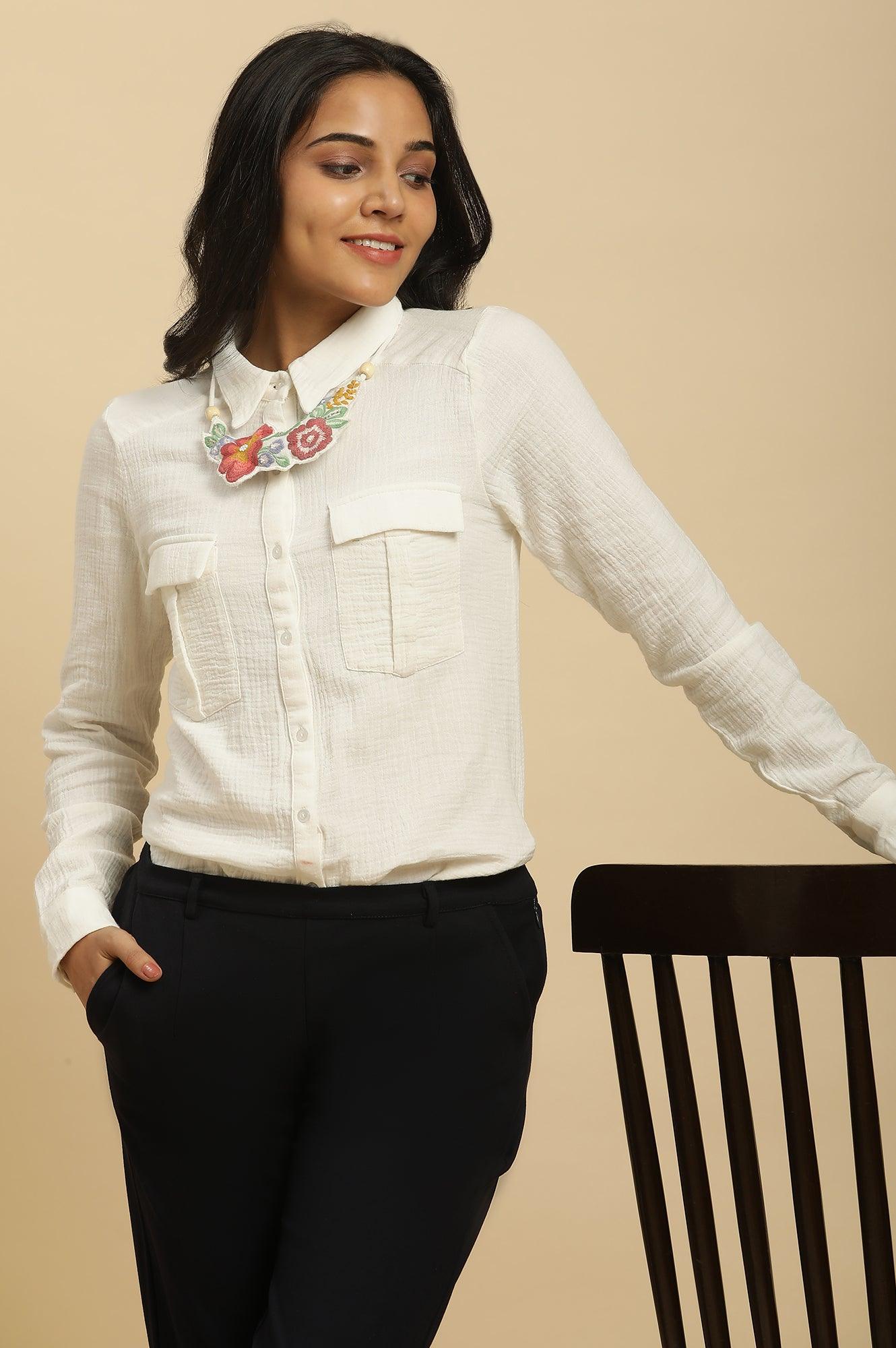 Ecru Button Down Shirt With Embroidered Neck Piece - wforwoman