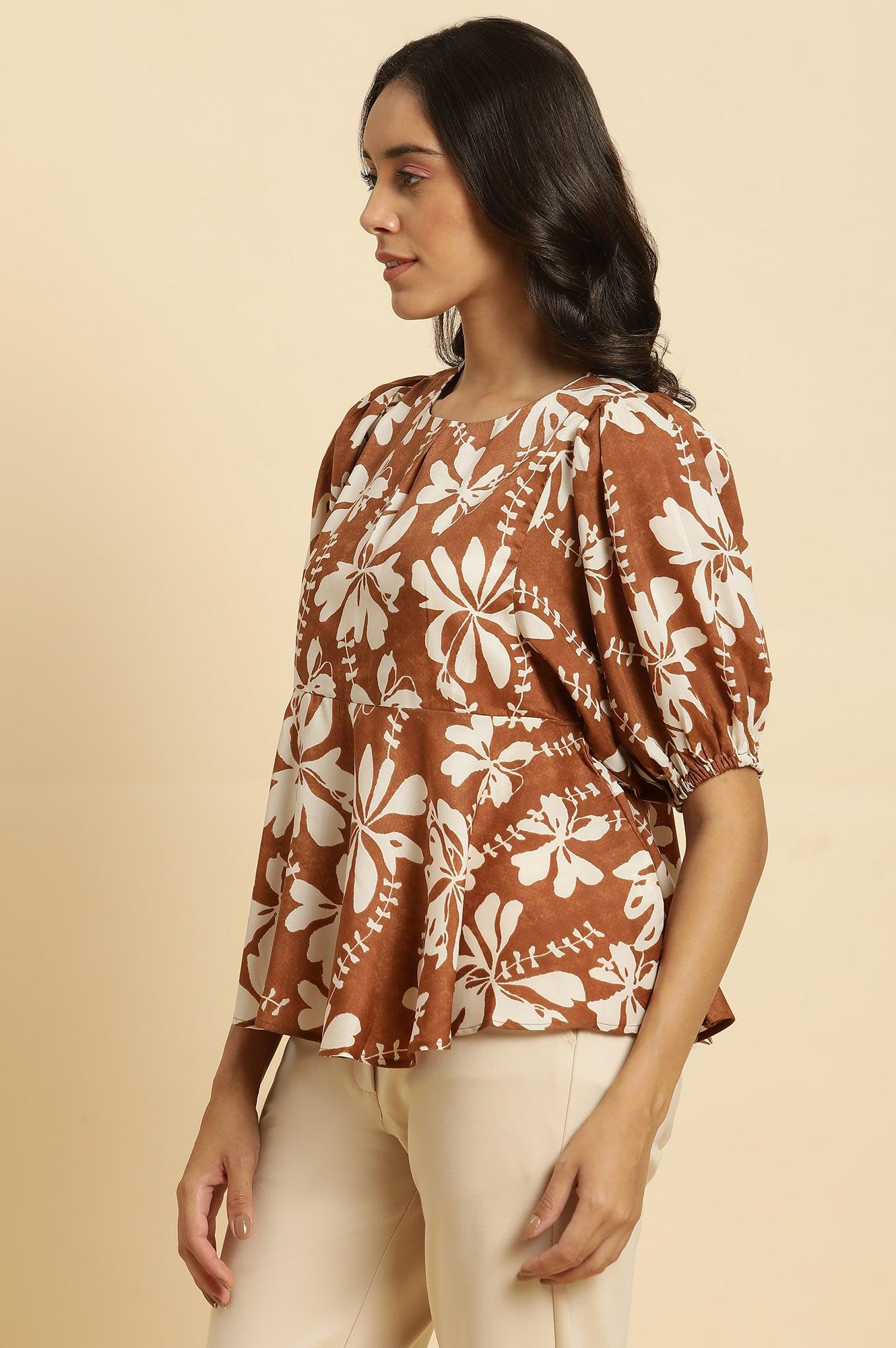 Brown Abstract Printed Peplum Top - wforwoman