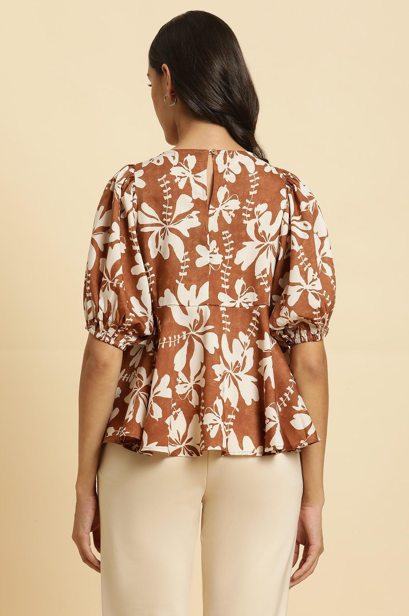 Brown Abstract Printed Peplum Top - wforwoman