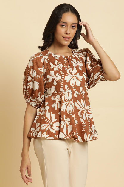 Brown Abstract Printed Peplum Top - wforwoman