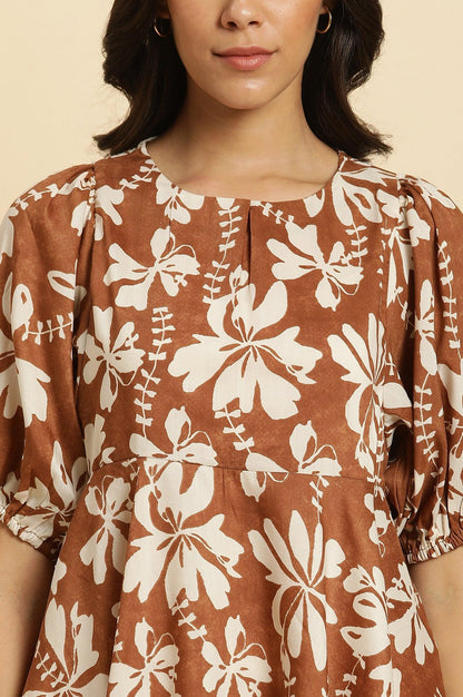 Brown Abstract Printed Peplum Top - wforwoman