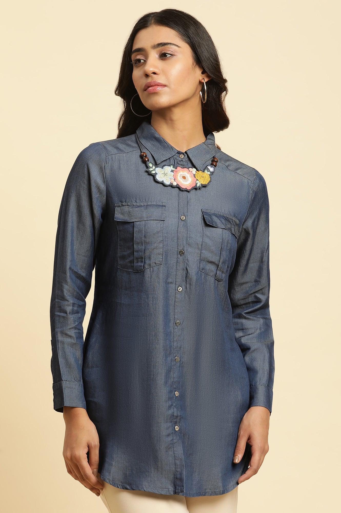Blue Denim Western Shirt With Embroidered Neck Piece - wforwoman