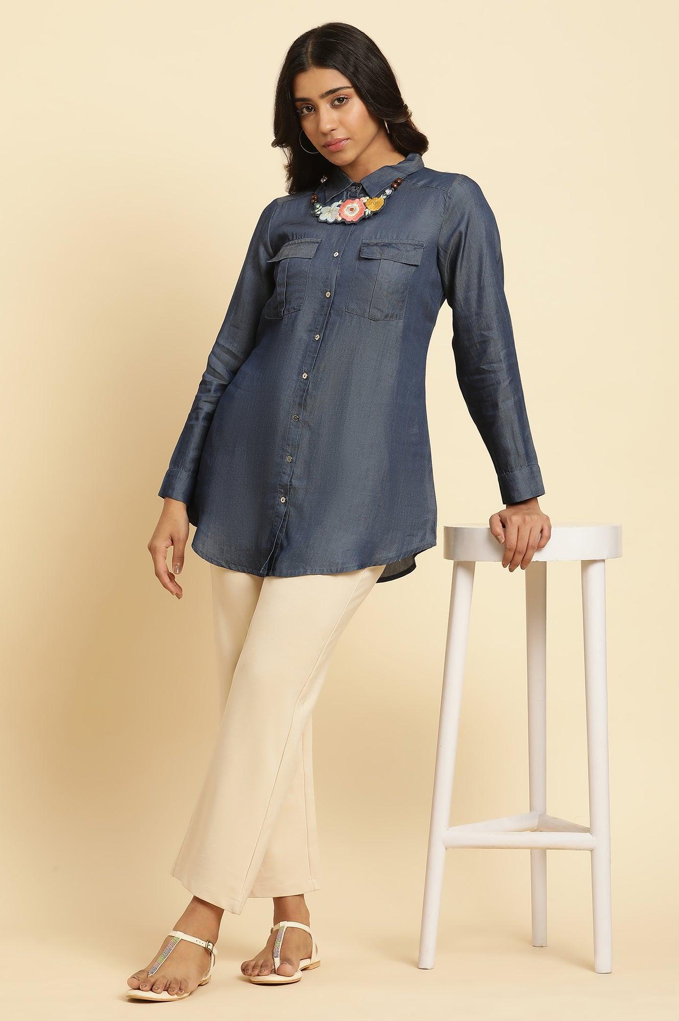 Blue Denim Western Shirt With Embroidered Neck Piece - wforwoman