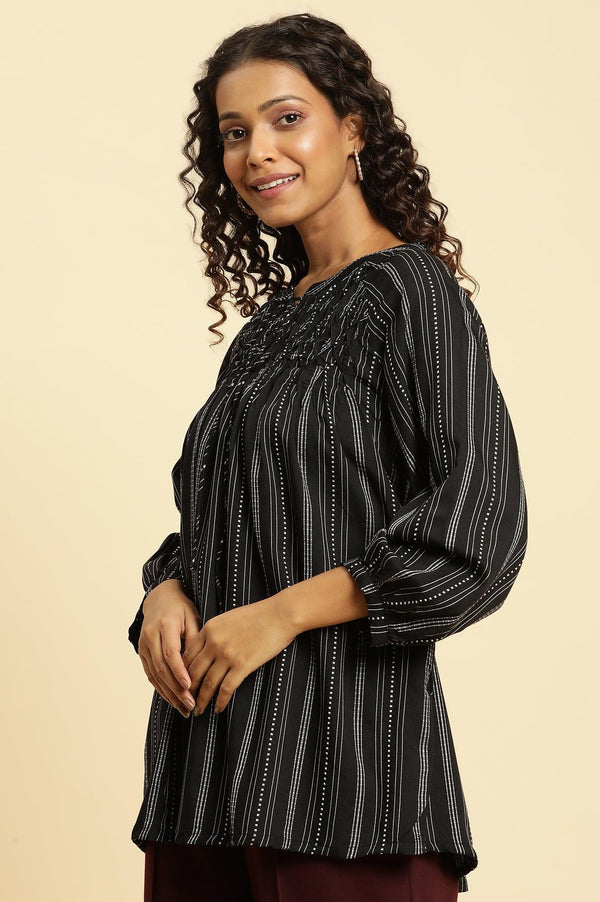 Black Smocked Stripe Western Top