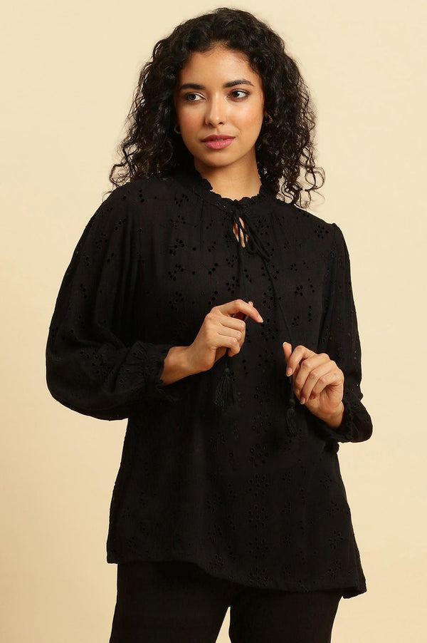 Black Schiffli Western Top With Neck Tie Up