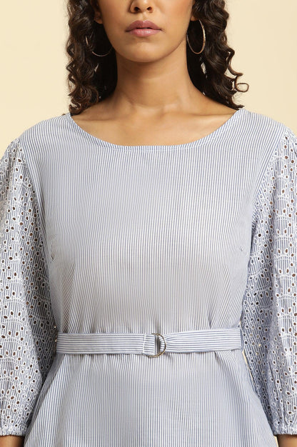 Blue And White Stripe Printed Top With Embroidered Sleeves - wforwoman