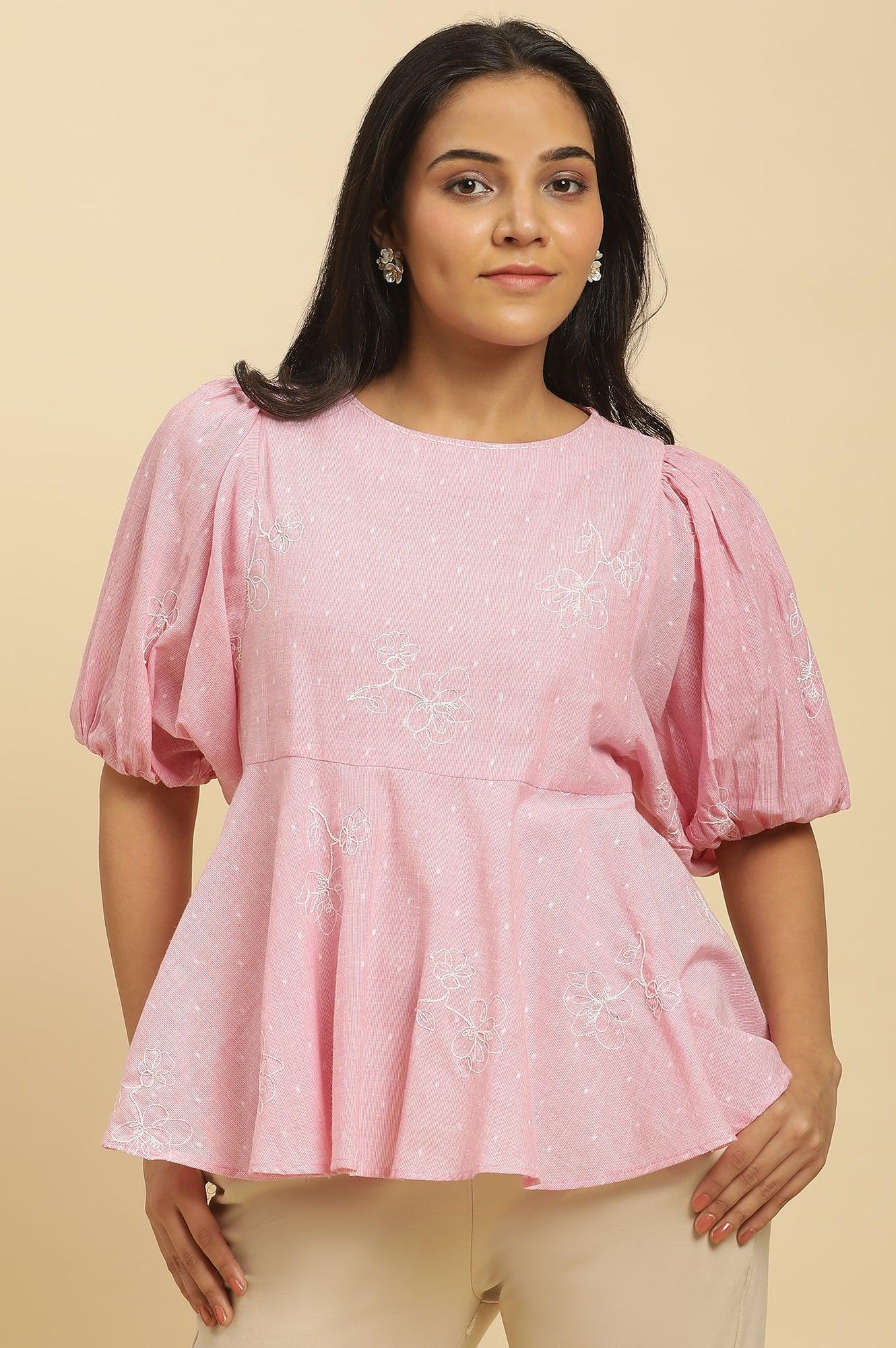 Pink Embroidered Western Peplum Top - wforwoman