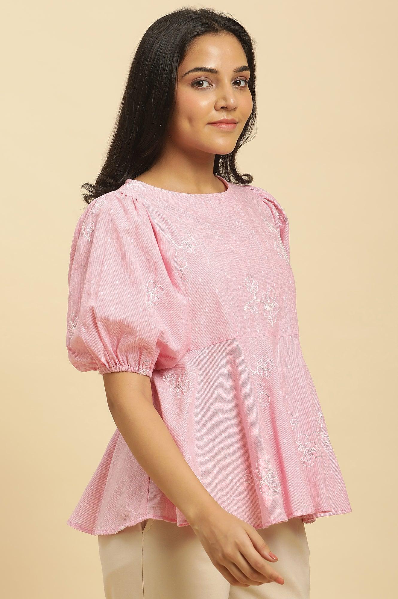 Pink Embroidered Western Peplum Top - wforwoman