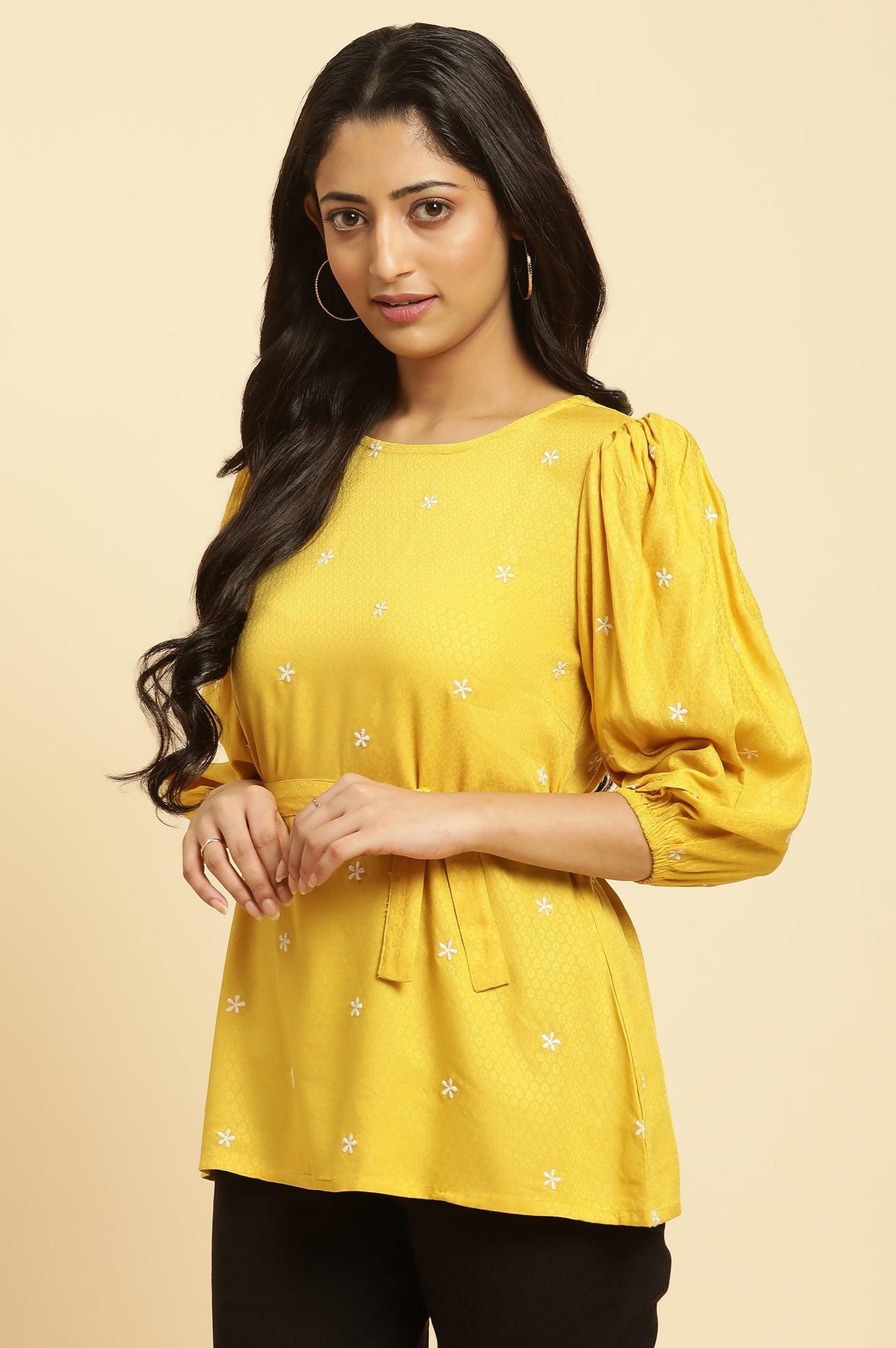 Yellow Minimal Embroidered Western Top With Belt - wforwoman