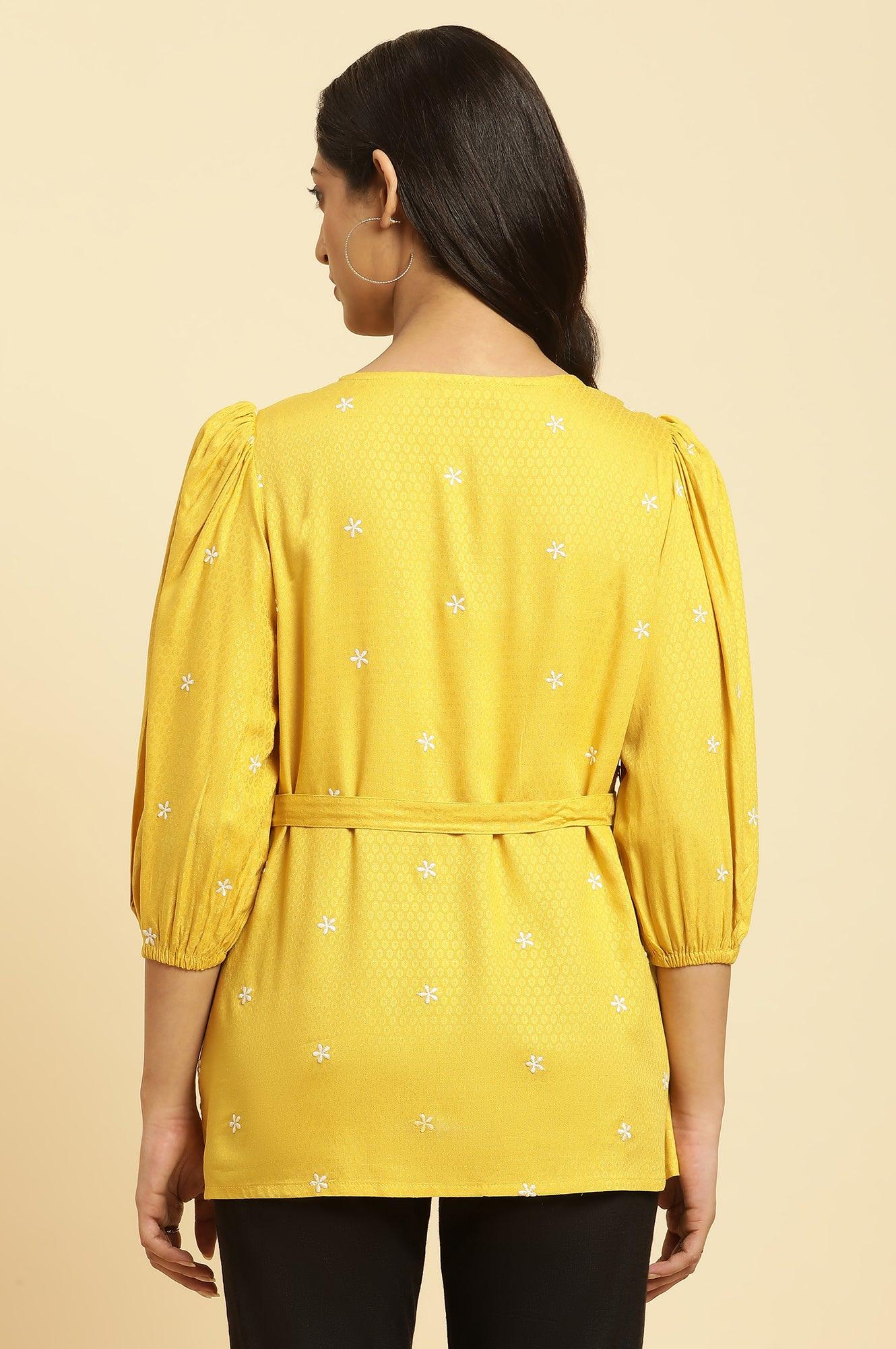 Yellow Minimal Embroidered Western Top With Belt - wforwoman