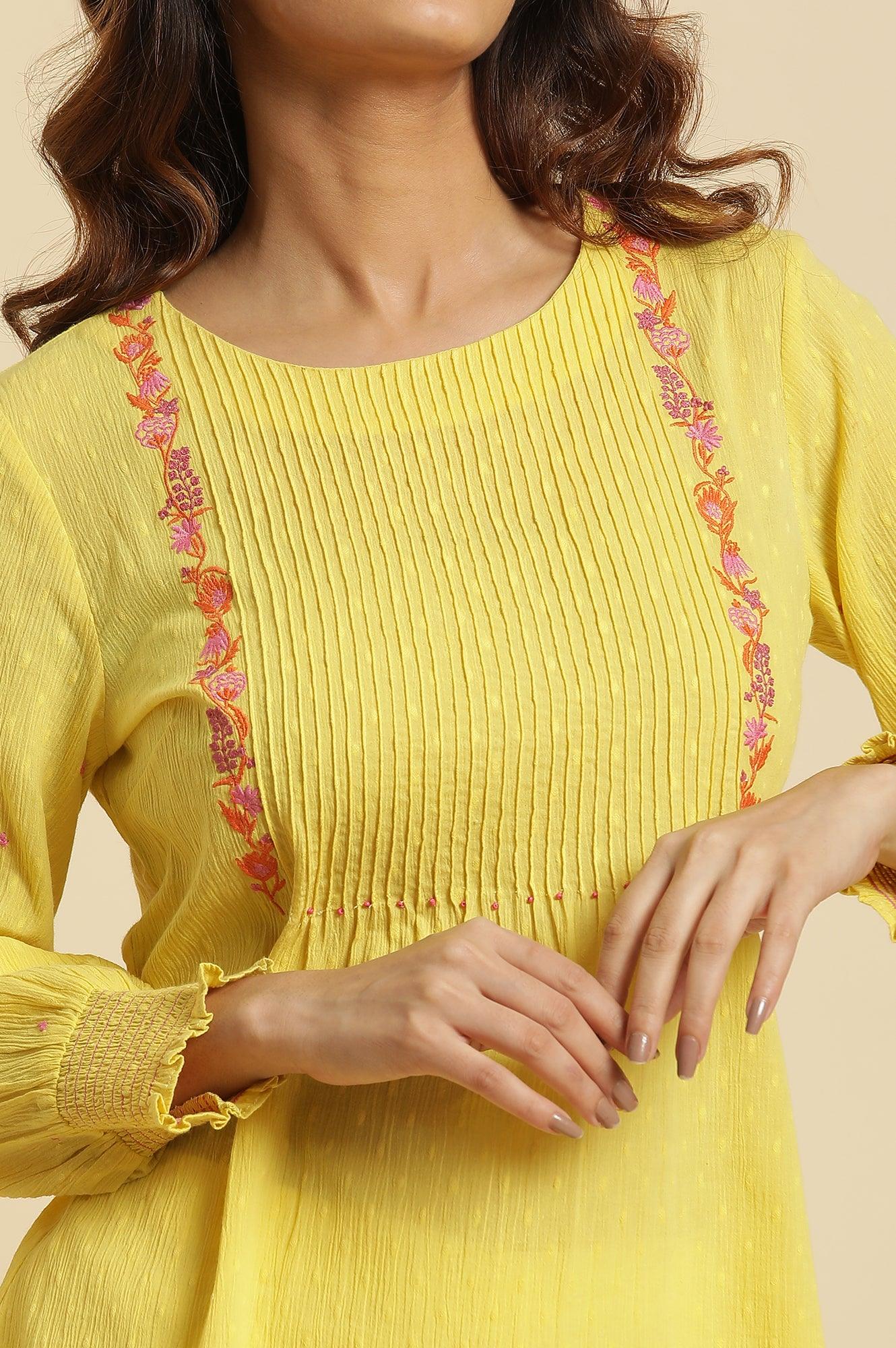 Yellow Embroidered Pintuck Top - wforwoman