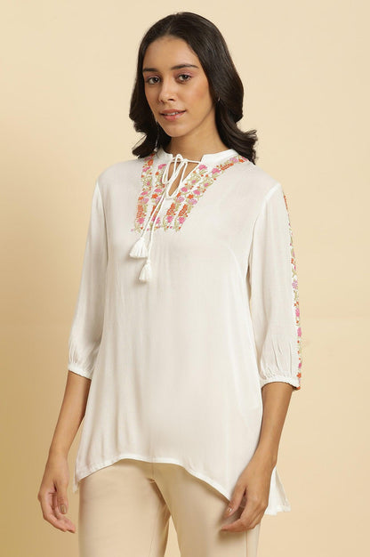 Ecru Embroidered Solid Top - wforwoman