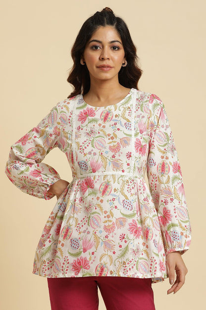 Ecru Gathered Top With Bright Floral Print - wforwoman