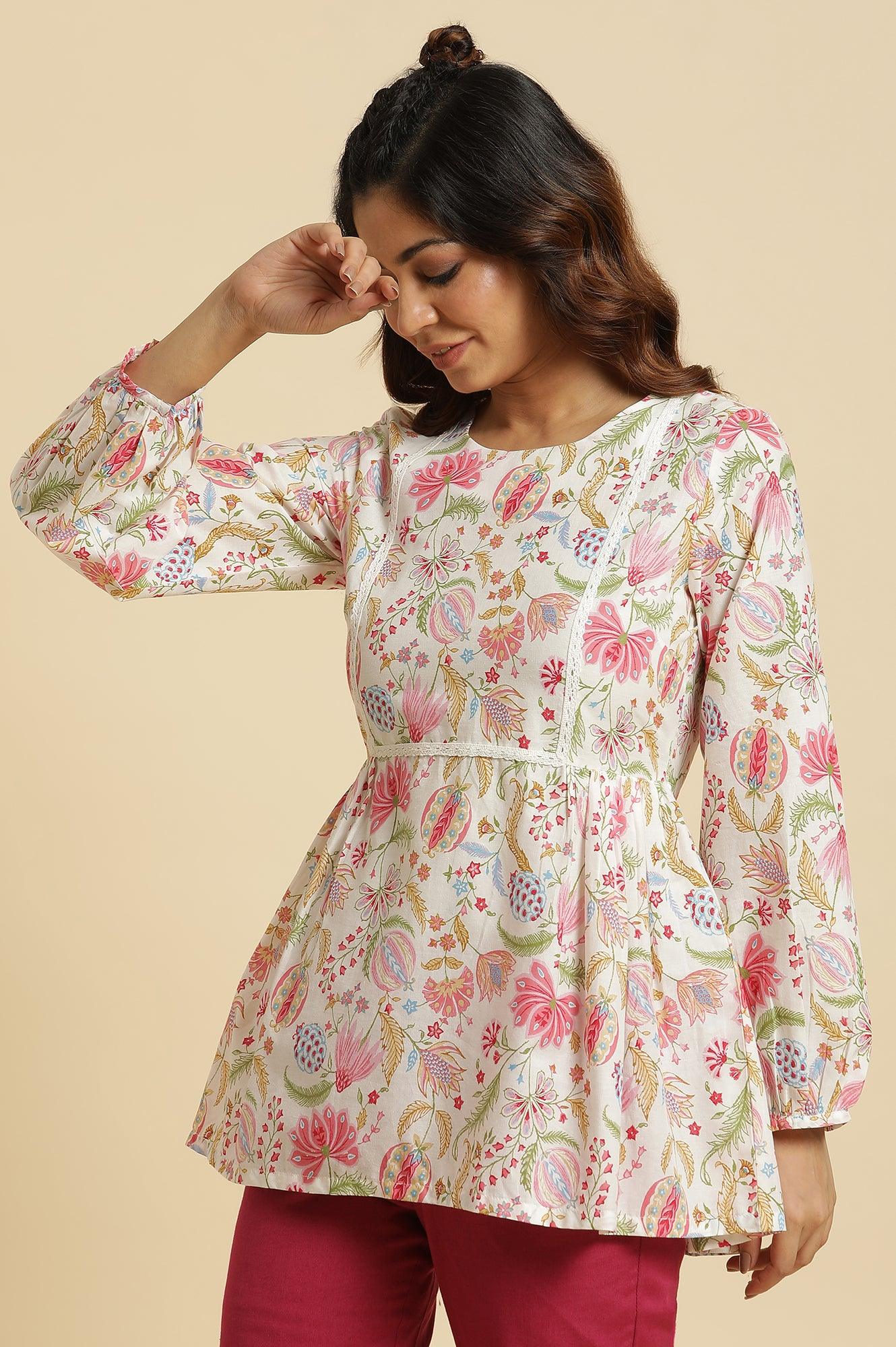 Ecru Gathered Top With Bright Floral Print - wforwoman