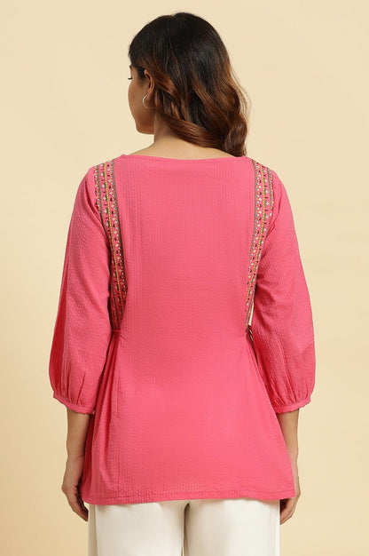 Pink Embroidered Solid Top With Side Tie-Up - wforwoman