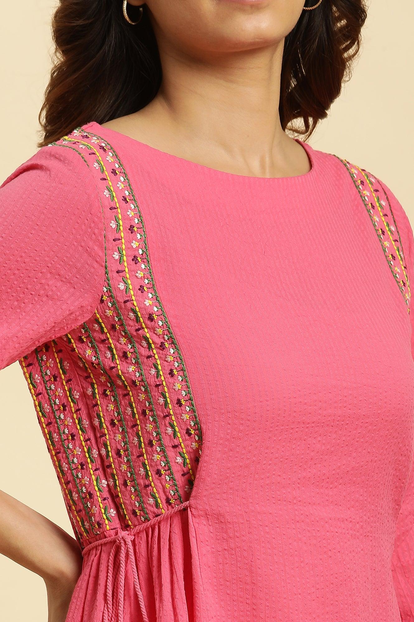 Pink Embroidered Solid Top With Side Tie-Up - wforwoman