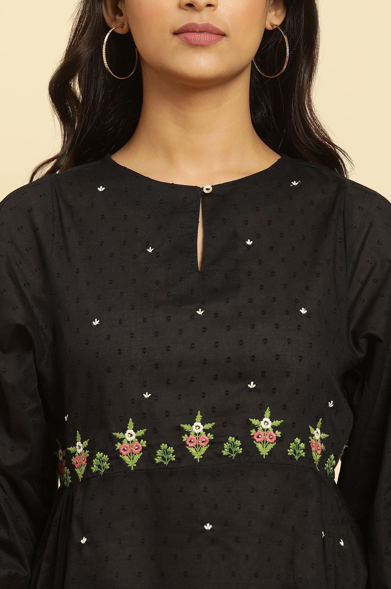 Black Floral Embroidered Western Top - wforwoman