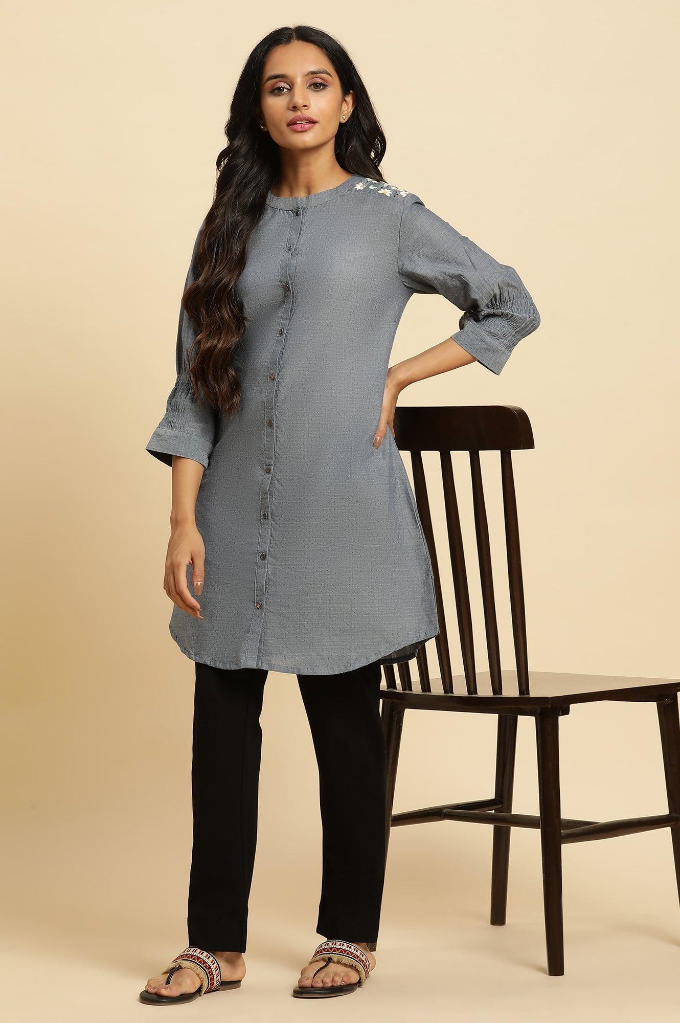 Blue Shoulder Embroidered Tunic - wforwoman