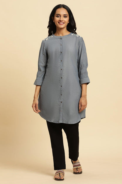 Blue Shoulder Embroidered Tunic - wforwoman