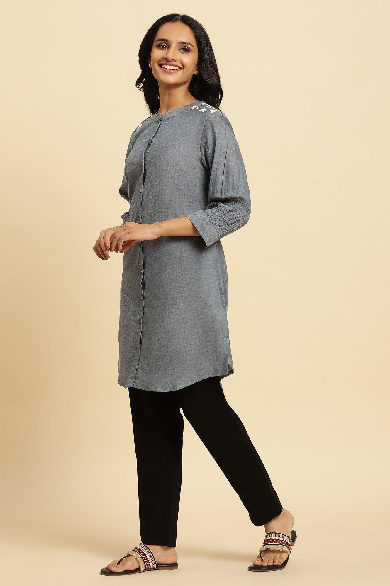 Blue Shoulder Embroidered Tunic - wforwoman