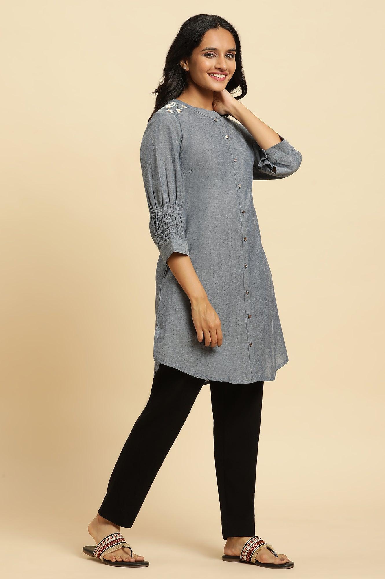 Blue Shoulder Embroidered Tunic - wforwoman