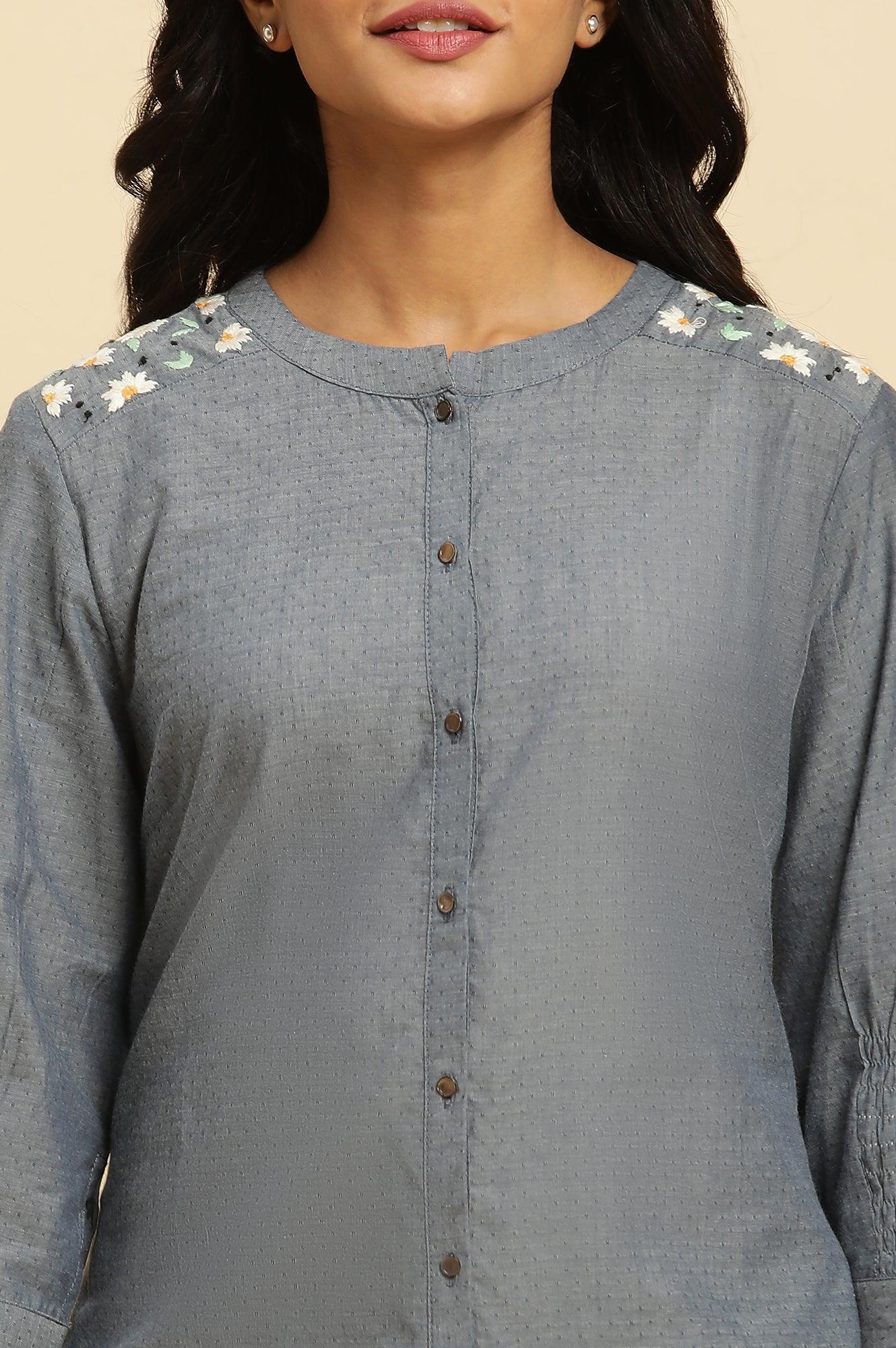 Blue Shoulder Embroidered Tunic - wforwoman