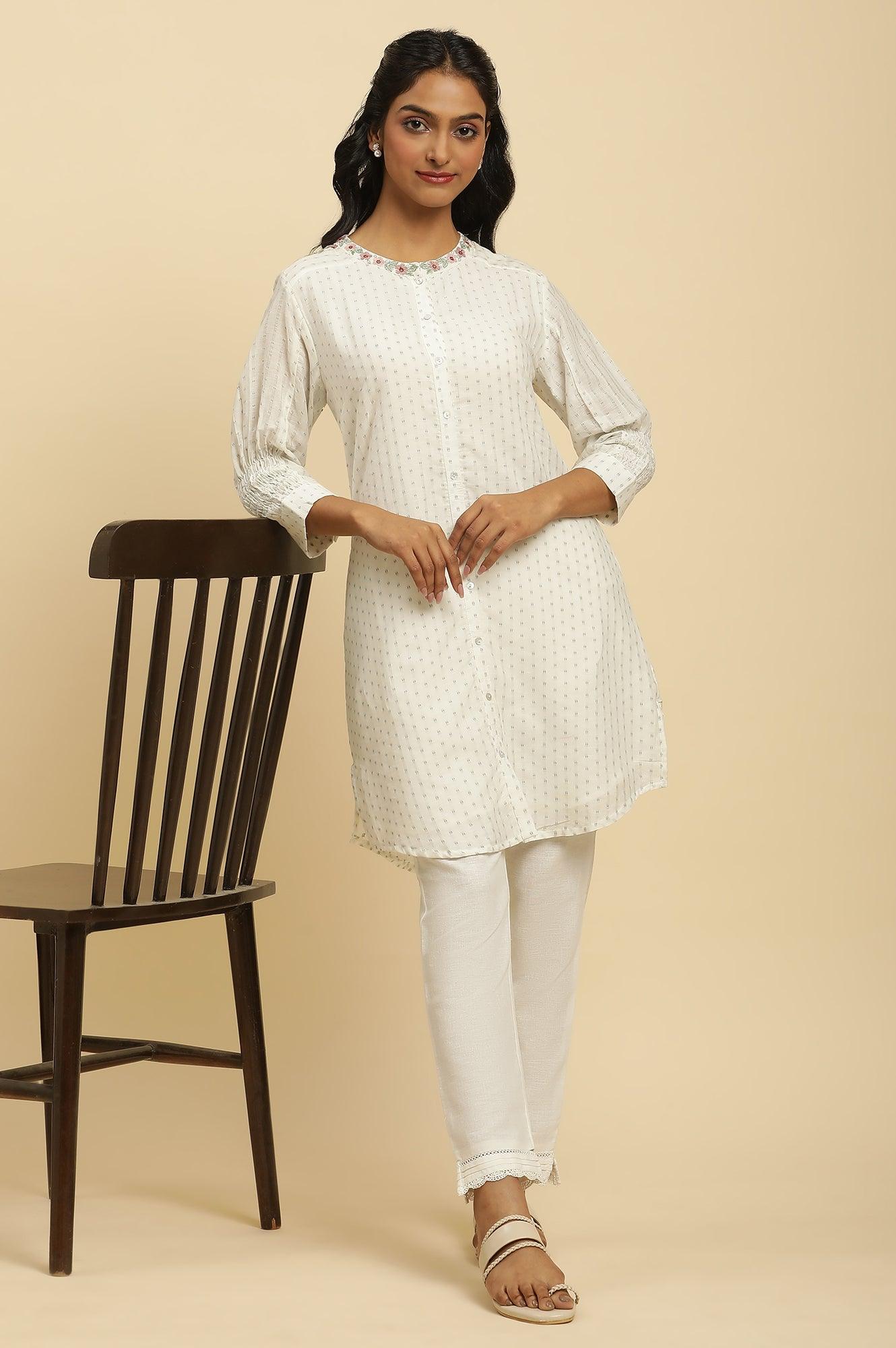 Ecru Smocked Sleeves Embroidered Tunic - wforwoman