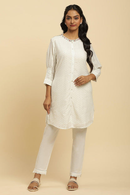 Ecru Smocked Sleeves Embroidered Tunic - wforwoman