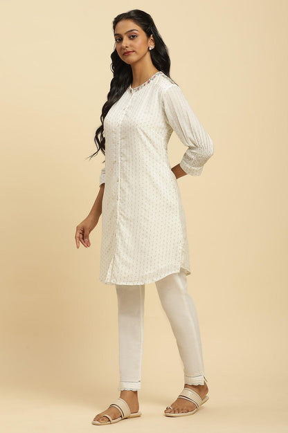 Ecru Smocked Sleeves Embroidered Tunic - wforwoman