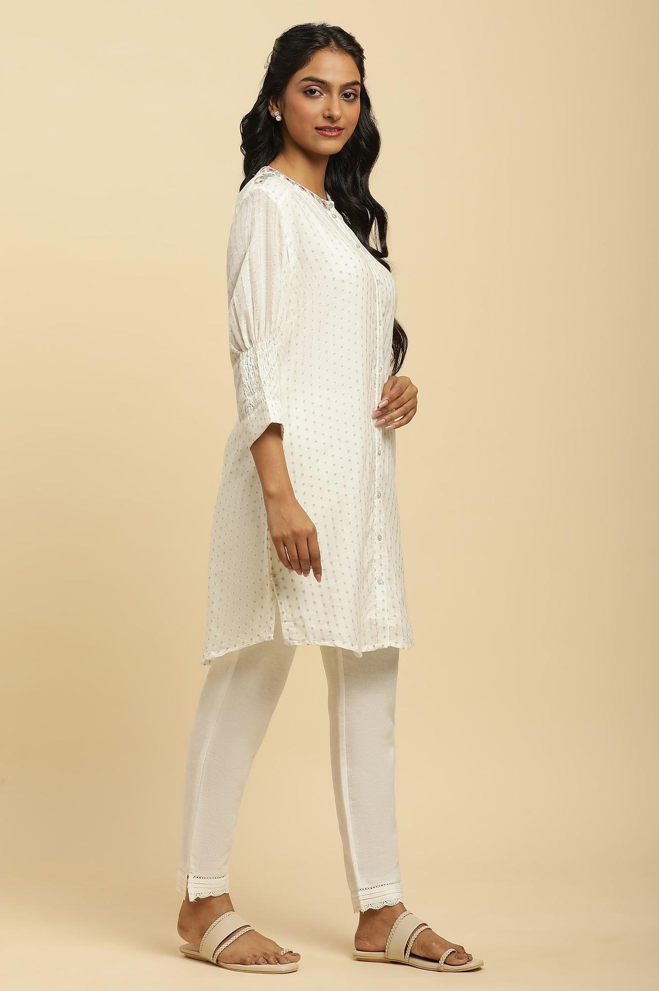 Ecru Smocked Sleeves Embroidered Tunic - wforwoman