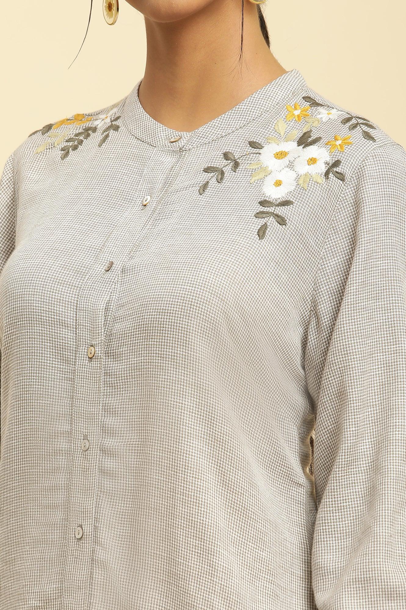 Ecru Check And Embroidered Tunic - wforwoman