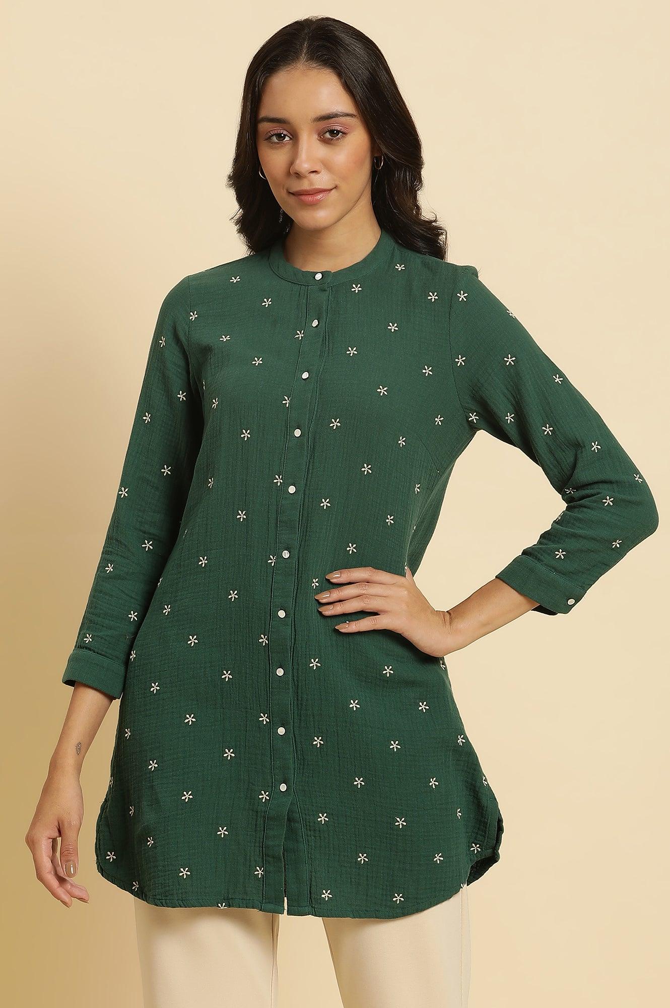 Dark Green Embroidered Tunic - wforwoman