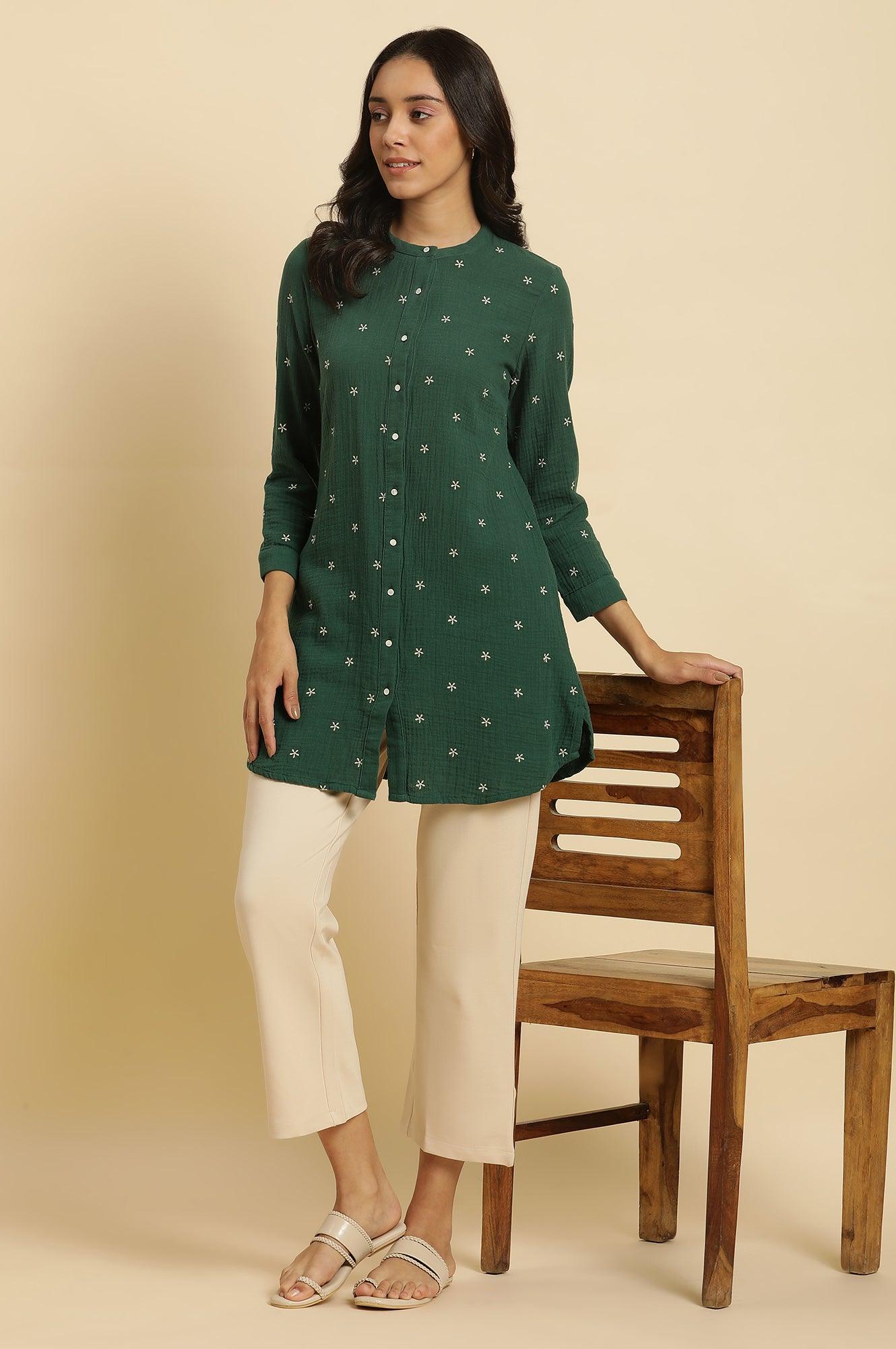 Dark Green Embroidered Tunic - wforwoman